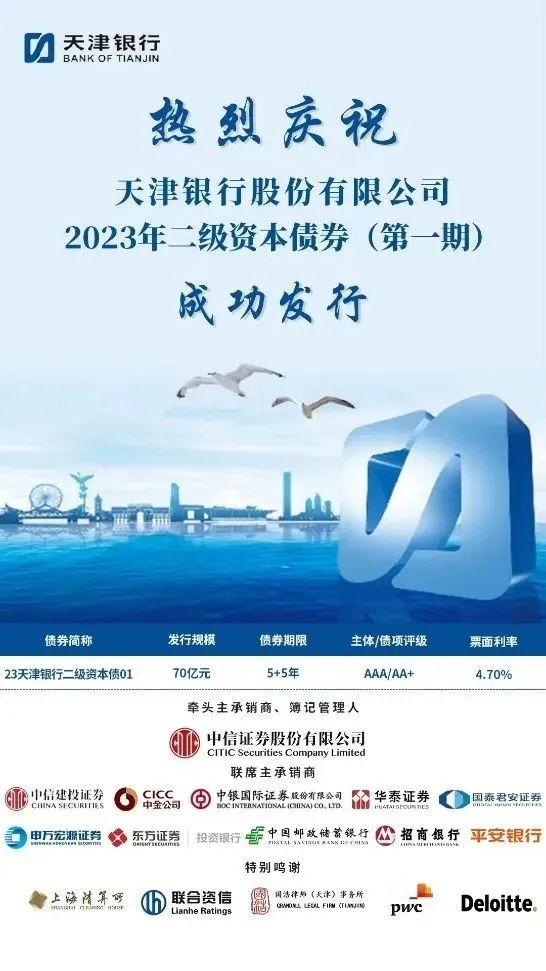 天津银行成功发行70亿元二级资本债券
